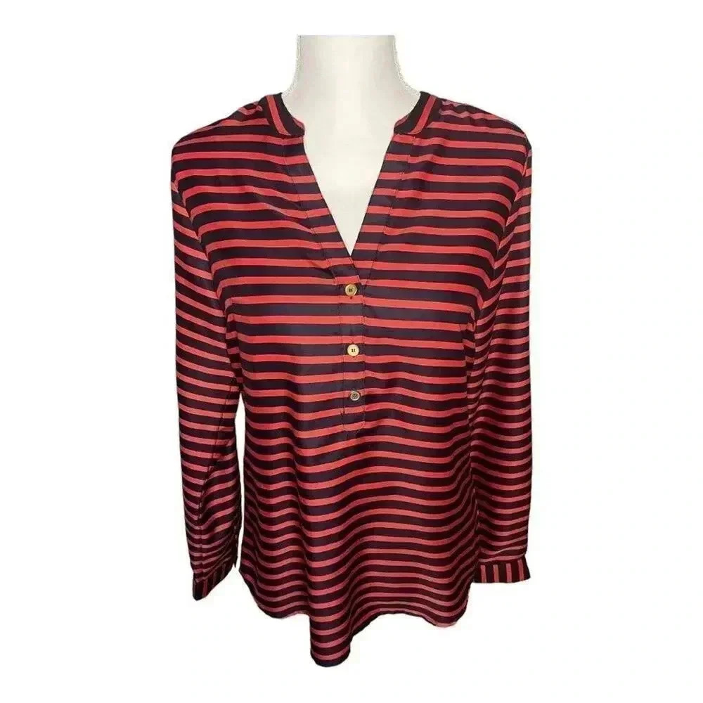 The Limited Red and Black Striped V-Neck Button Pullover Blouse